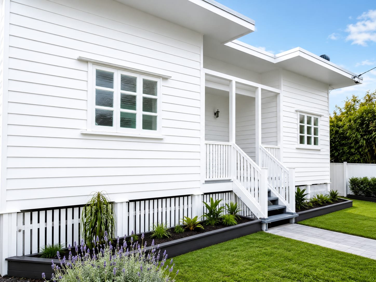 White weatherboard Queenslander home freshly repainted by A.M.A Premium Painting Services — porch, stairs and landscaped garden in Brisbane